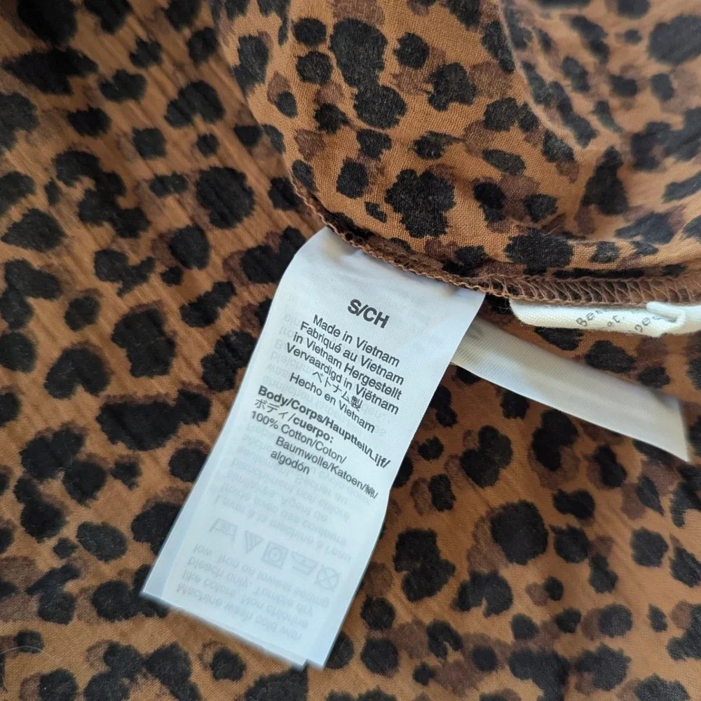 Madewell Blouse Women‎ S Brown Leopard Print Puff Sleeve Button Front Cotton Top